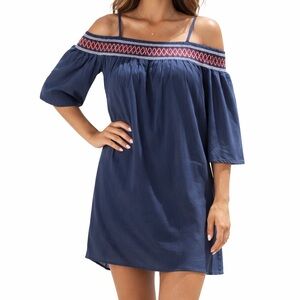 CUPSHE Open-Shoulder Summer Smocked Mini Dress Coverup Navy Blue Small Like New